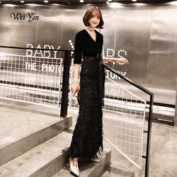 Customized Black Velvet Evening Dresses Long Mermaid V-Neck Formal Dress Sequined Abendkleider Women robe de soiree longue