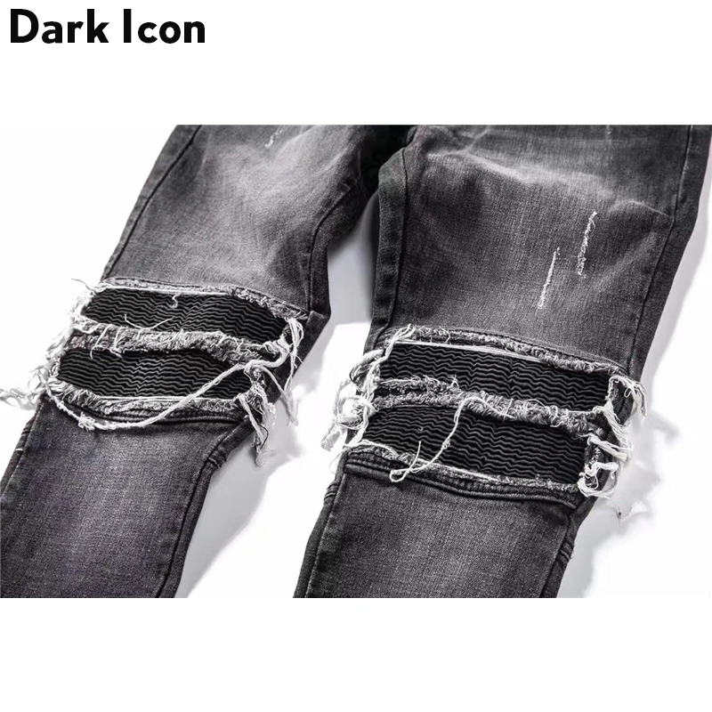 DARK ICON Pleated on Knee Men\'s Jeans High Street Motorcycle Denim Pants Men Full Length