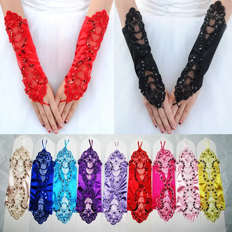 Fashion Sexy Women Female Short Half Finger Satin Seam Pearl Gloves Fashion Sexy Lady Retro Lace Driving Fingerless Gloves B96