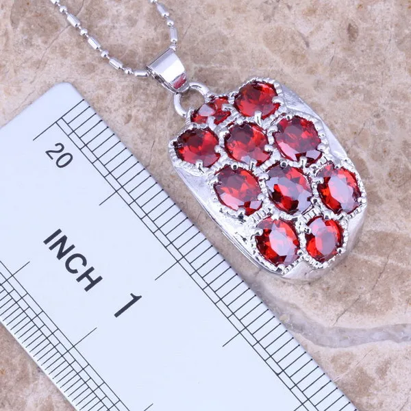 Red Garnet Silver Plated Jewelry Sets Earrings Pendant Ring Size 5 / 6 / 7 / 8 / 9 / 10 S0011