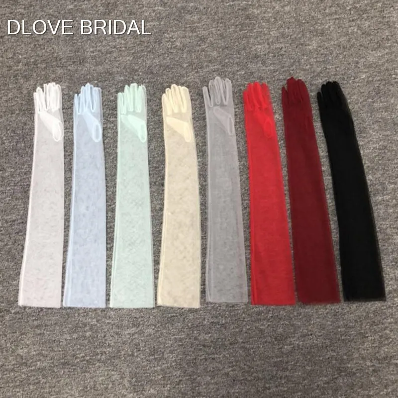 Simple Long Sheer Tulle Gloves 9 Colors Wedding Bridal Party Gloves Full Finger Elbow Photo Shooting Accessory Halloween Gloves