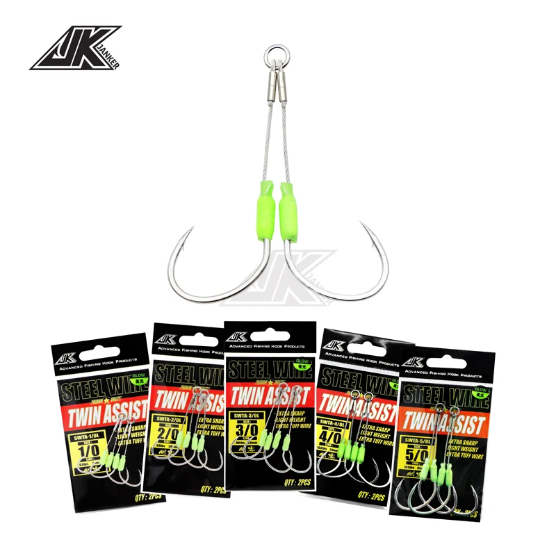 JK 5packs Sea Fishing Hook Steel Wire 7x7 Slow Jigging Size 1/0 2/0 3/0 4/0 5/0 Luminous Double Assist Hook Slow Pitch Tackle