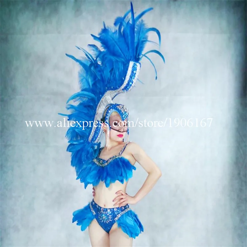 

Sexy Lady Blue Feather Bikini Party DS Dress Female Singer Stage Performance Ballroom Costume Christmas Dancing outfit