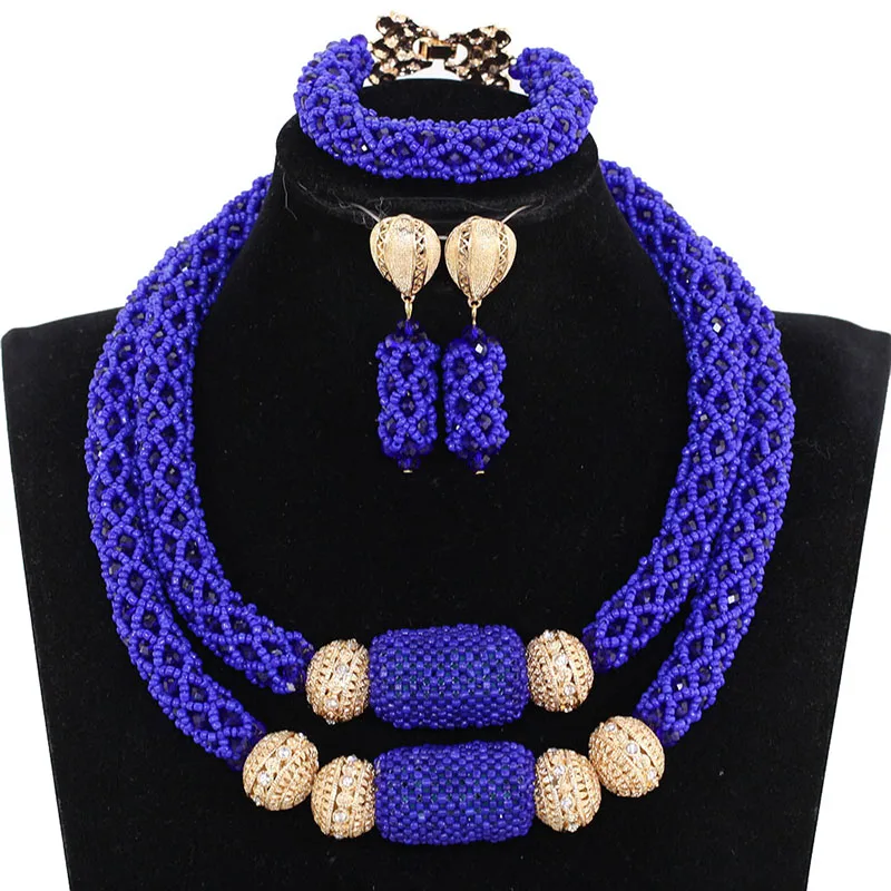 

African Bridal Statement Necklace Set Charms 2 Layers Royal Blue Wedding Nigerian Crystal Beads Jewelry Set Free Shipping ABH683