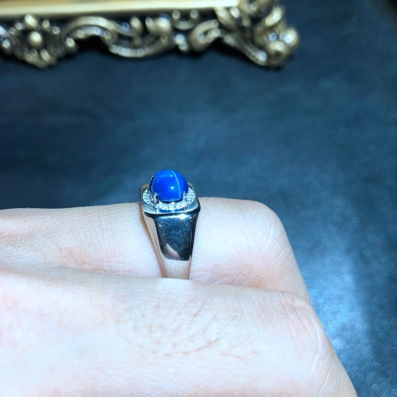 masculine  blue natural Star Sapphire gemstone ring for men fine jewelry natural gem 925 sterling silver boy husband self gift