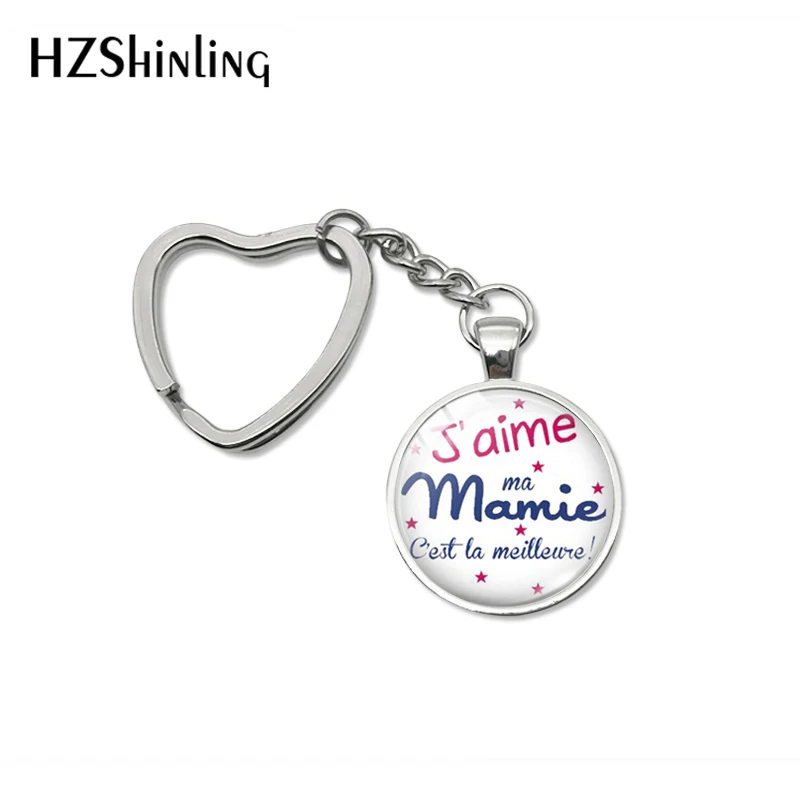 Fashion Super Mamie Quotes Heart Key Chains Holder Glass Dome Pendant je suis une Mamie Letter Design Keyring Keychanis Jewelry