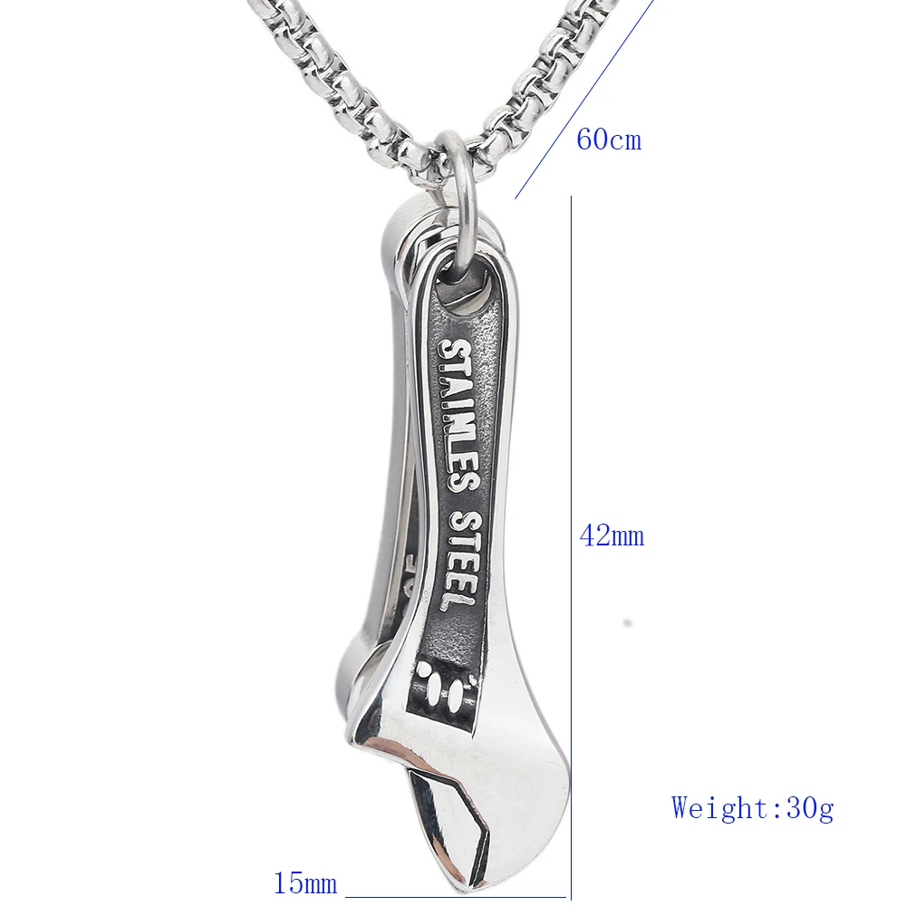 Gothic Men's Stainless Steel Double Pendant Necklace Hip Hop Necklace Spanner Pendant Popcorn 24''Chain Necklace