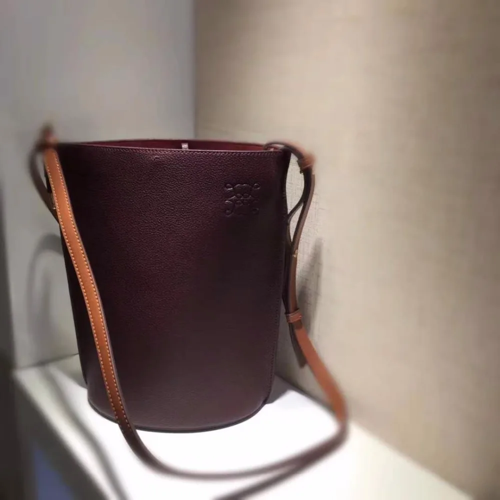 Soft genuine cow skin real leather bucket bag with leather strap lady shouder cross body bag suede skin lining dark coffee brown