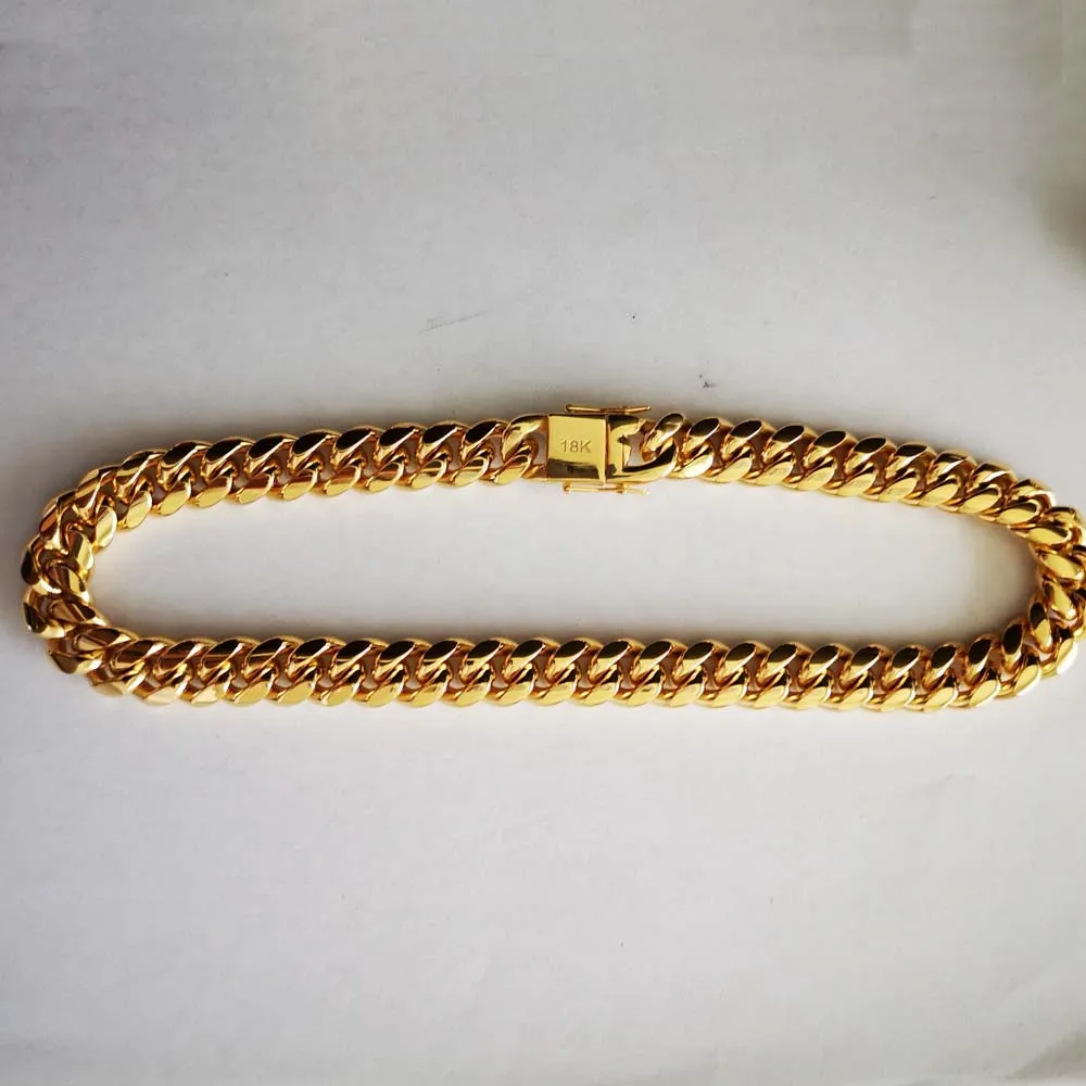 14mm Stainless Steel Miami Curb Cuban Chain Link Necklace Bracelet Boys Men 18K Gold Plated Hip Hop Dragon Lock Clasp Jewelry