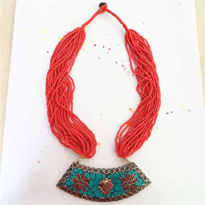 TNL600 Nepal Big Vintage Pendants Red Mini Beaded Necklace Tribal fashion Wholesale Tibetan Jewerly Handmade