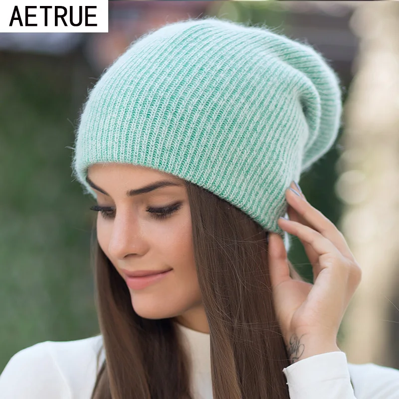 AETRUE Skullies Beanies Knitted Hat Women Rabbit Wool Winter Hats For Women Girls Warm Cap Baggy Bonnet Solid Female Beanie Hat