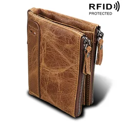 Carteira RFID de couro de vaca genuína para homens, zíper duplo, bolsas curtas, porta-cartão, porta-moedas, vintage, marca de alta qualidade, carteiras masculinas