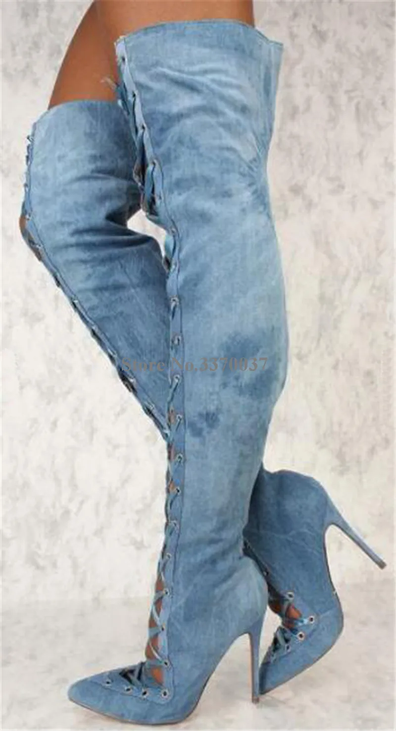 New Fashion Women Pointed Toe Blue White Denim Over Knee Gladiator Boots Lace-up Cut-out Thin Heel Long High Heel Boots Club