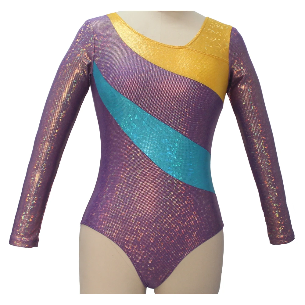 Shiny Gymanstic Long Sleeve Leotard Purple NylonLycra Spotted Laser Pattern Fabric Women Jazz Dance Bodysuit