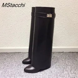 Shark Lock Women Boots Brand Design Genuine Leather Slip-on Knee High Boots For Woman Motorcycle Botas Mujer Fashion Wedge Shoes