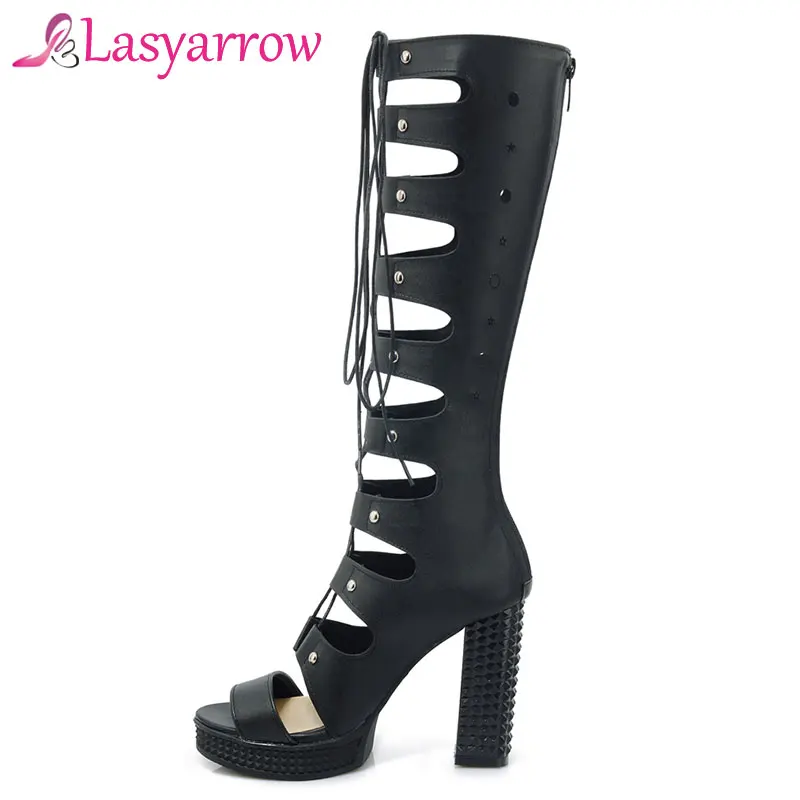 Lasyarrow Sandalias Mujer 2018 Summer Sandals Zapatos Femme Thick High Heels Shoes Woman Peep toe Lacing Knee Boots Zipper RM563