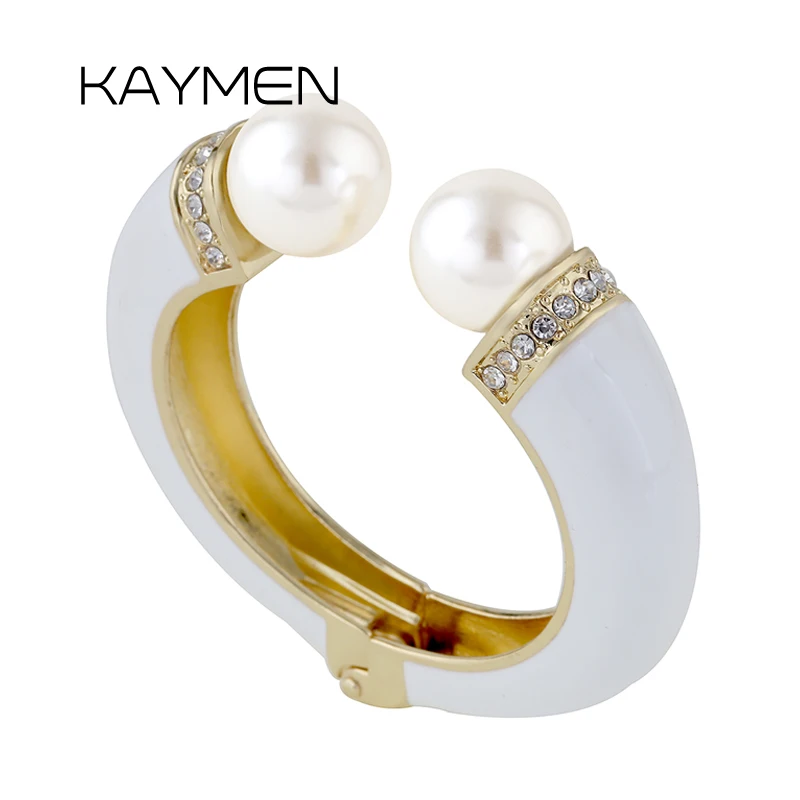 KAYMEN New Fashion Women 9 Colors Double Imitation Pearls and Rhinestones Enamels Bracelet Statement Bangle BR-03155 wholesale