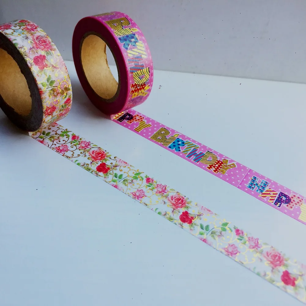 Cinta de Papel washi con estampado de lámina dorada, cinta washi de feliz cumpleaños y flores, 15mm x 10m, Envío Gratis