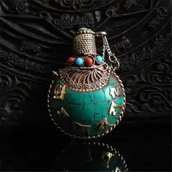 BYH008 Nepal hand brass Inlaid Stone Snuff bottle Tibetan six words mantras amulets Craft