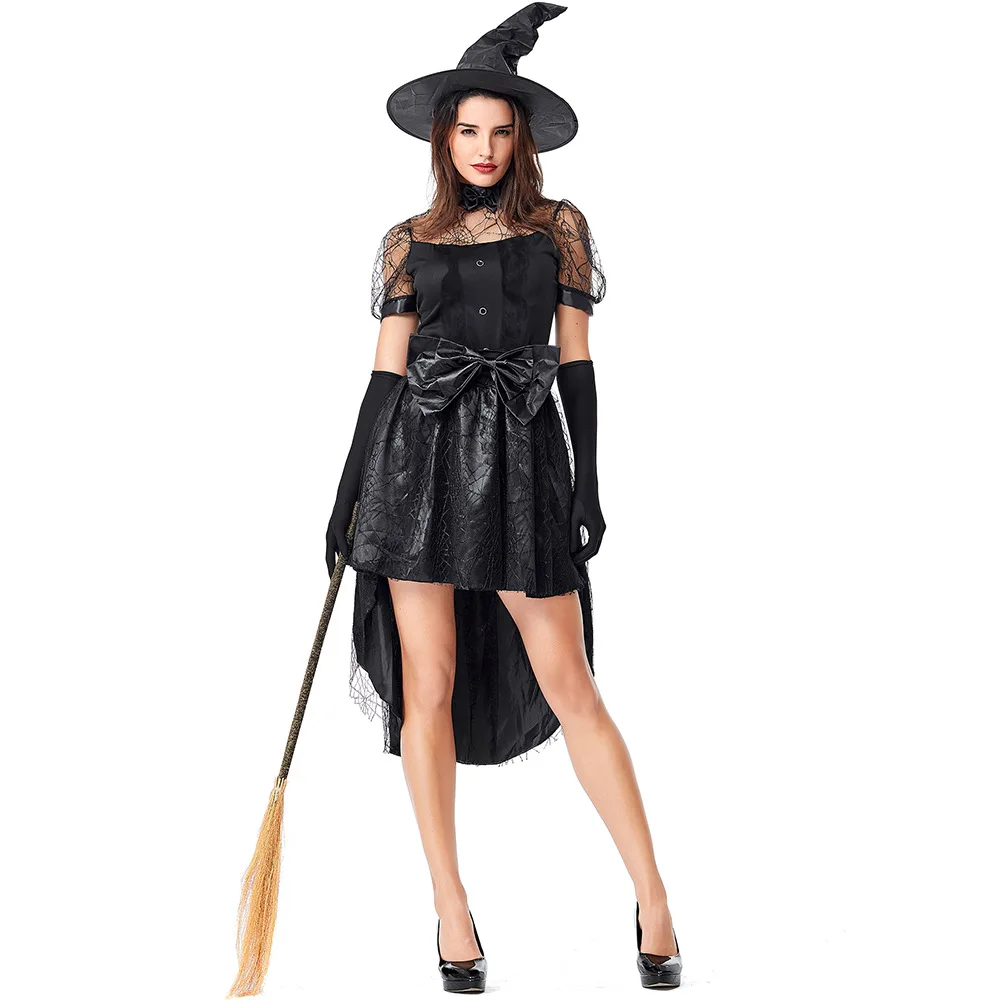 New Black Sexy Witch Costume Women Halloween Party Party Stage Dress Witch Cosplay for Adult girls dress + belt +gloves + hat