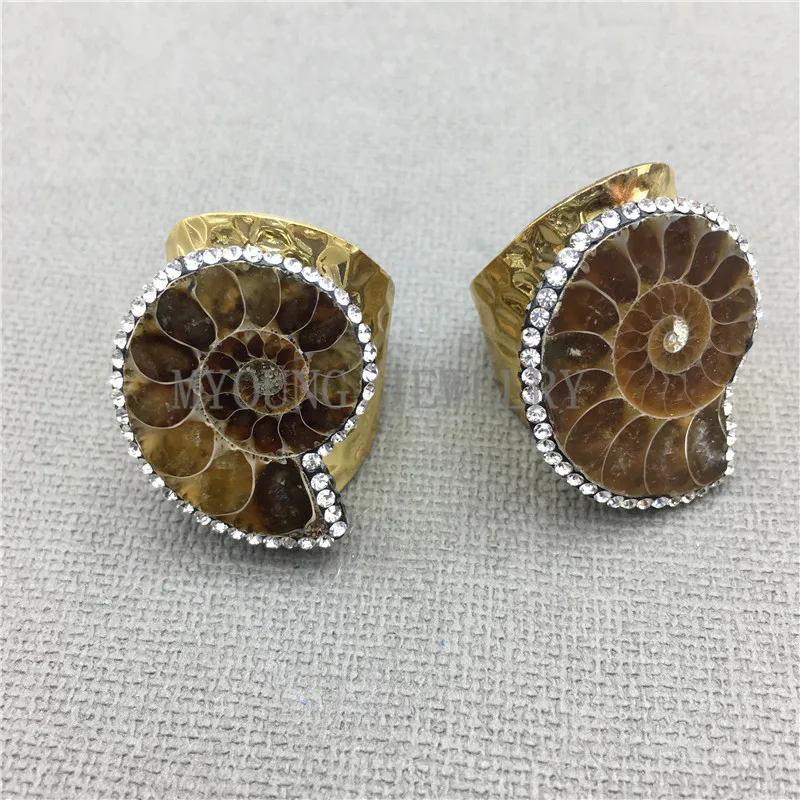 Natural Brown Ammonite Conch Bezel Setting Rings, Snail Wide Pure Gold Color Rings for Jewelry Making for women MY0301