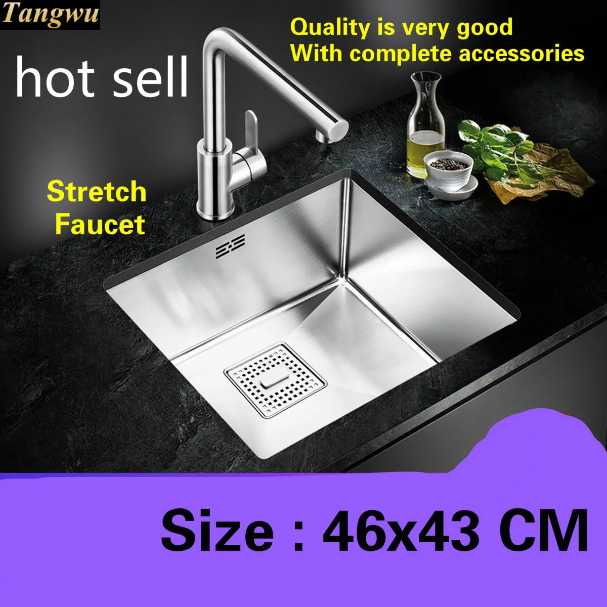 

Free shipping Luxury trumpet balcony kitchen manual sink single trough 304 stainless steel stretch faucet hot sell 460x430 MM