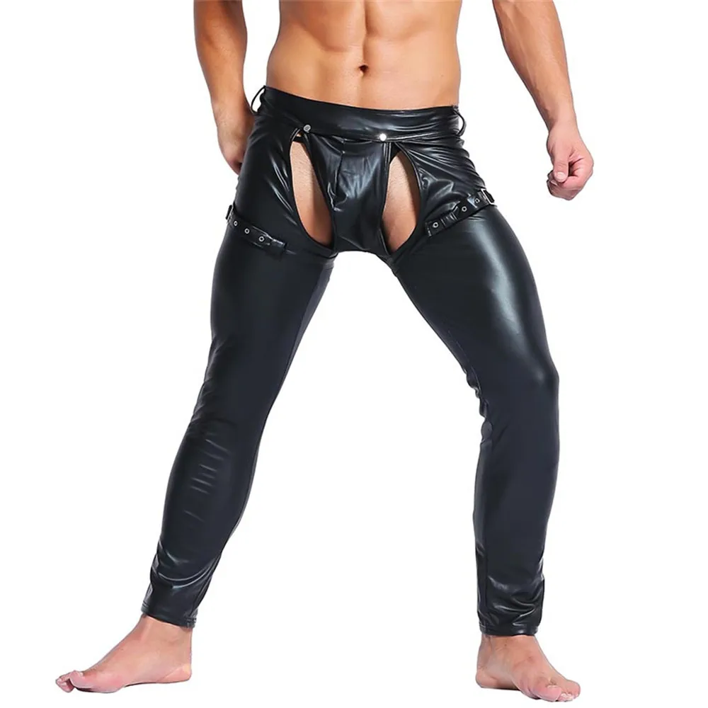 Gothic Male Skinny Vinyl Leather Pants Erotic Nightclub Stage Performance Open Crotch Trousers Men Fetish Crotchless Club Pants