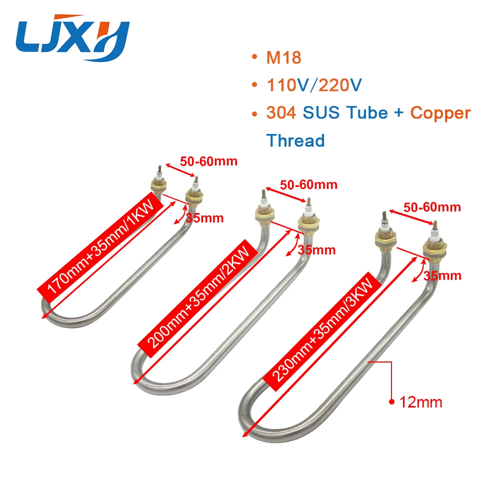 LJXH Curved U-shaped Tubular Water Heater Parts, 304SUS+copper Heating Element for Noodle Pot Soup Stove, AC110V/220V, M16/M18