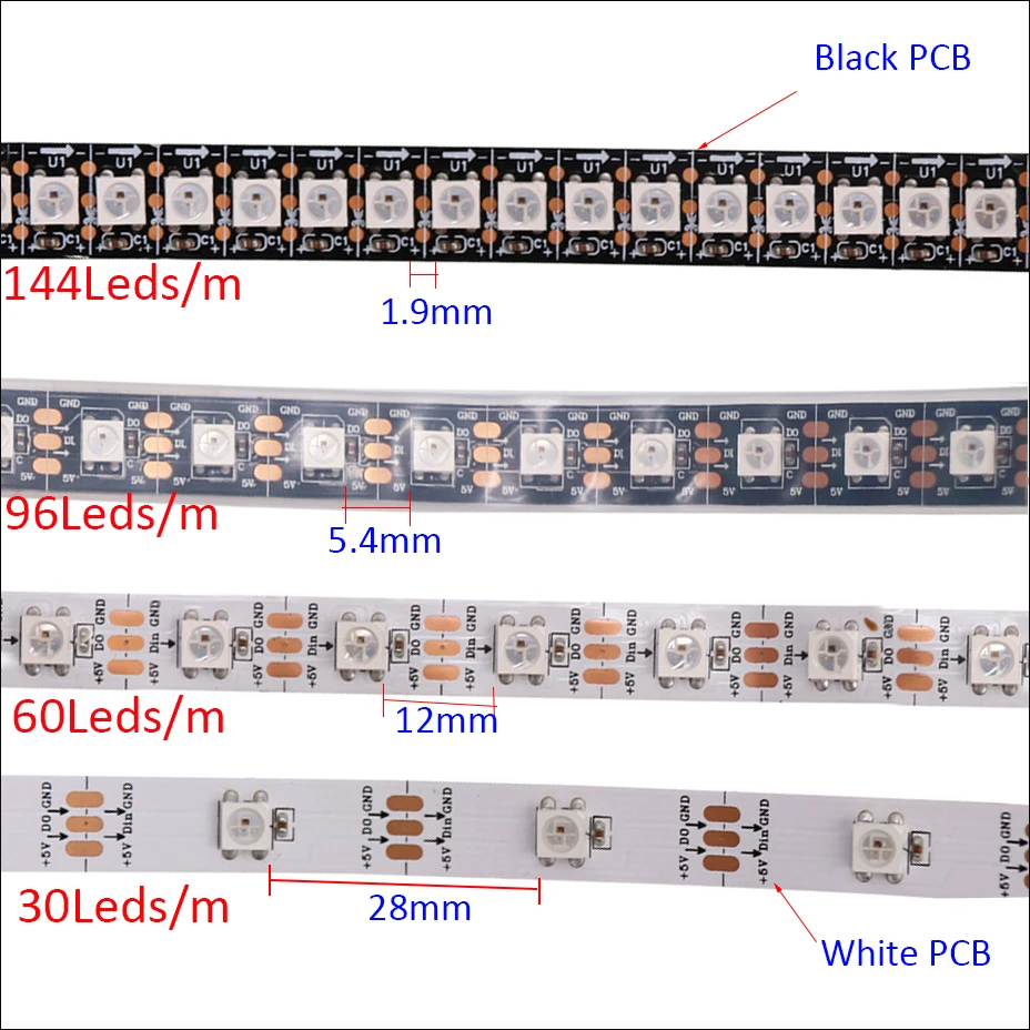 5 M 1 M 2 M RGB LED Strip Lampu 5V 5050 WS2812B Addressable 30LED/ 60LED/144LED WS2812 IC Smart LED Pixel Strip Tahan Air