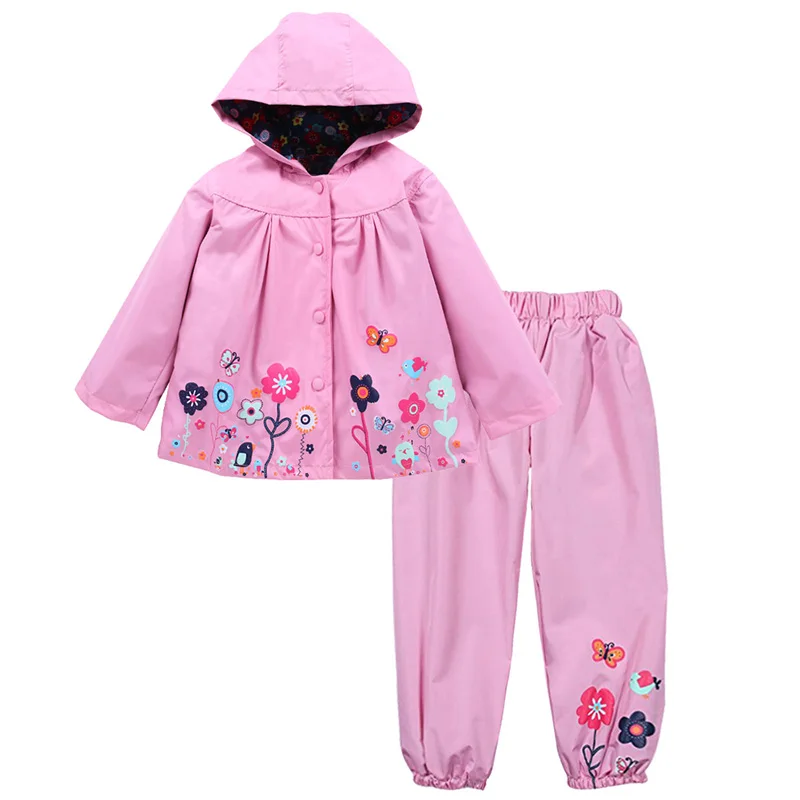 2024 Floral Girls Suit Jackets+Pants Costume For Kids Casual Sport Suits Hooded Raincoat For Girls Clothes Set Children Clothing