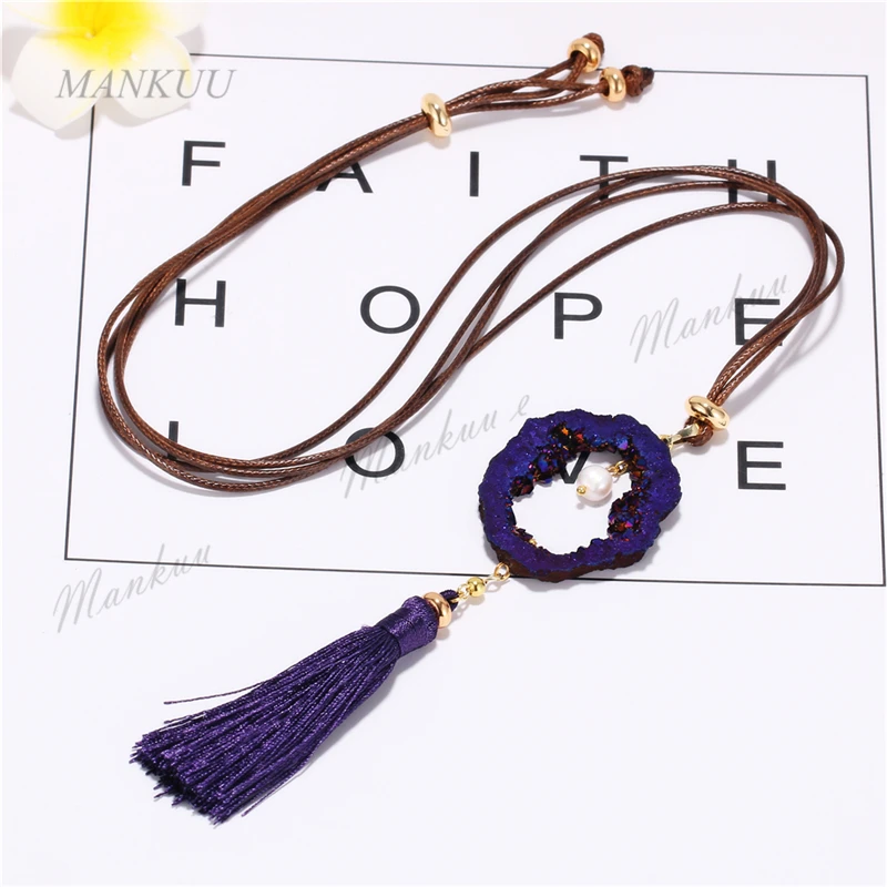 

Valentine Titanium Druzy Geode Sweater Chain Necklace Pearls Tassel Pendant Long Leather Necklace Statement Women Charm Jewelry