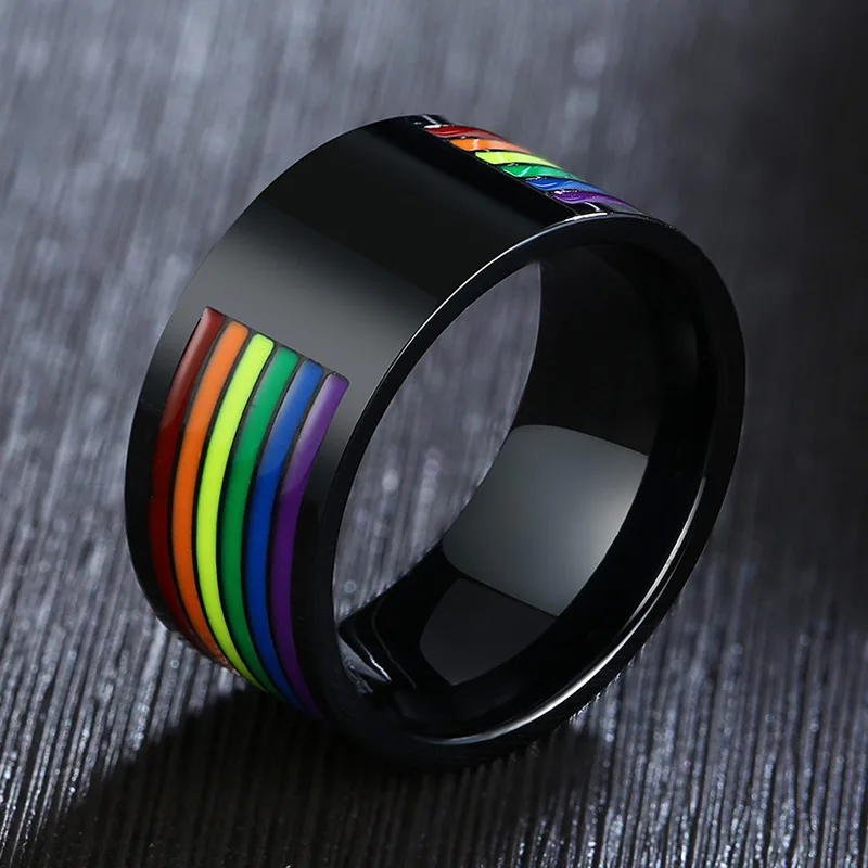 Enamel Rainbow Ring for Men Simple Stainless Steel Rings Wedding Ring Wide Gay Pride Jewelry 10mm