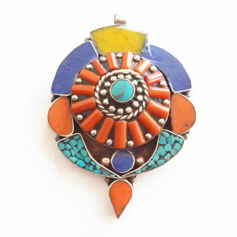 Genuine Tibetan Jewelry Copper Inlaid Colorful Stone Big Pendants TBP527