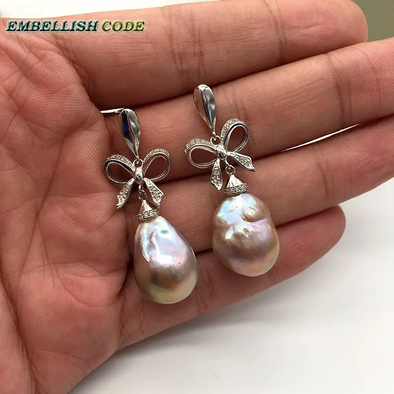 baroque pearls Bowknot style noble dangle earrings purple golden color flame ball tissue freshwater pearl 925 silver for women