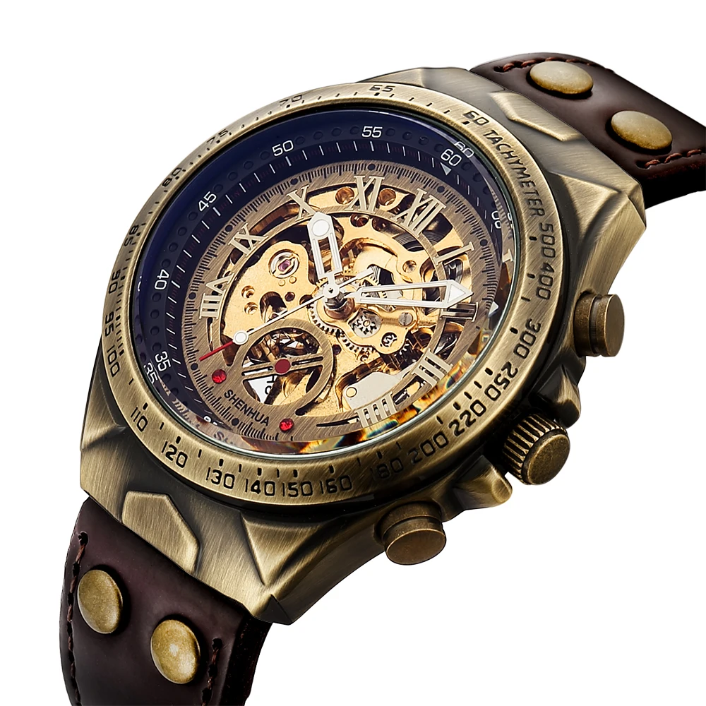 

SHENHUA Motorcycle New Design Transparent Genuine Bronze Belt Waterproof Skeleton Men Automatic Watches Top Brand Luxury Clock