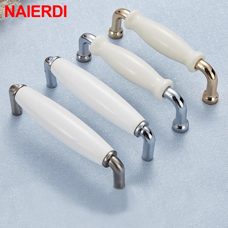 NAIERDI Modern Ceramic Cabinet Handles Zinc Alloy Drawer Knobs Bright Chrome Wardrobe Door Handles Furniture Handle 96mm/128mm