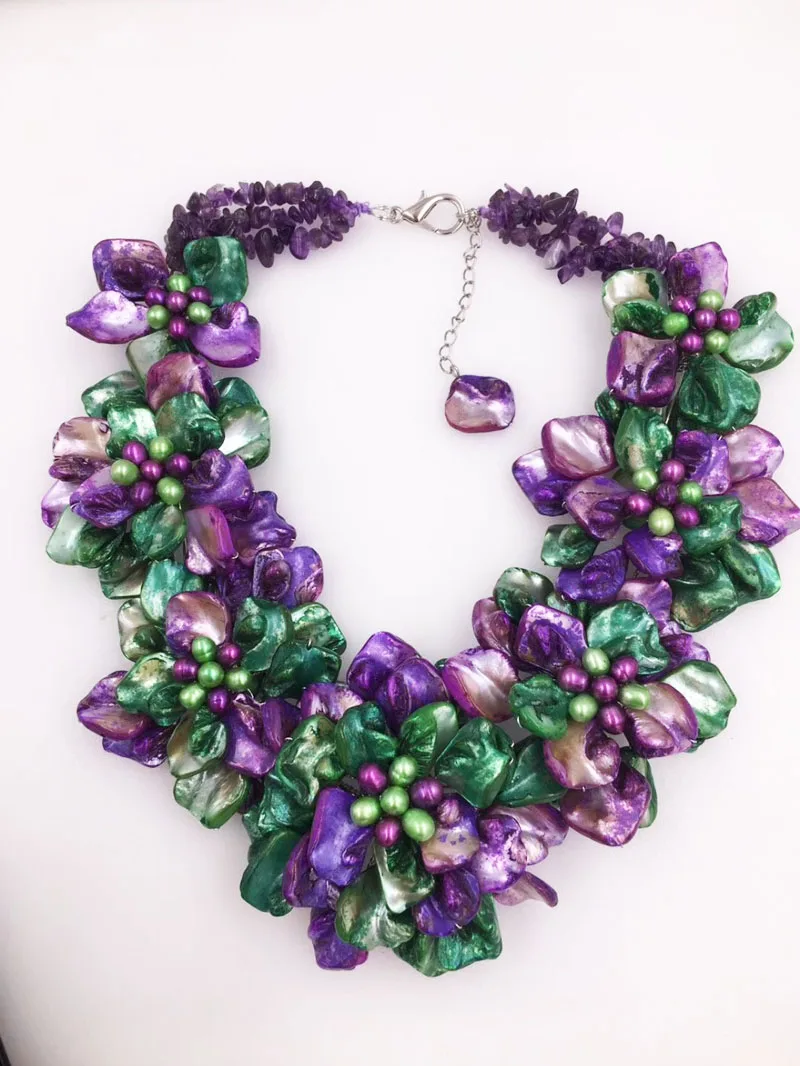 freshwater pearl and purple green colors shell  flower necklace 19inch nature   gift baroque wholesale beads FPPJ