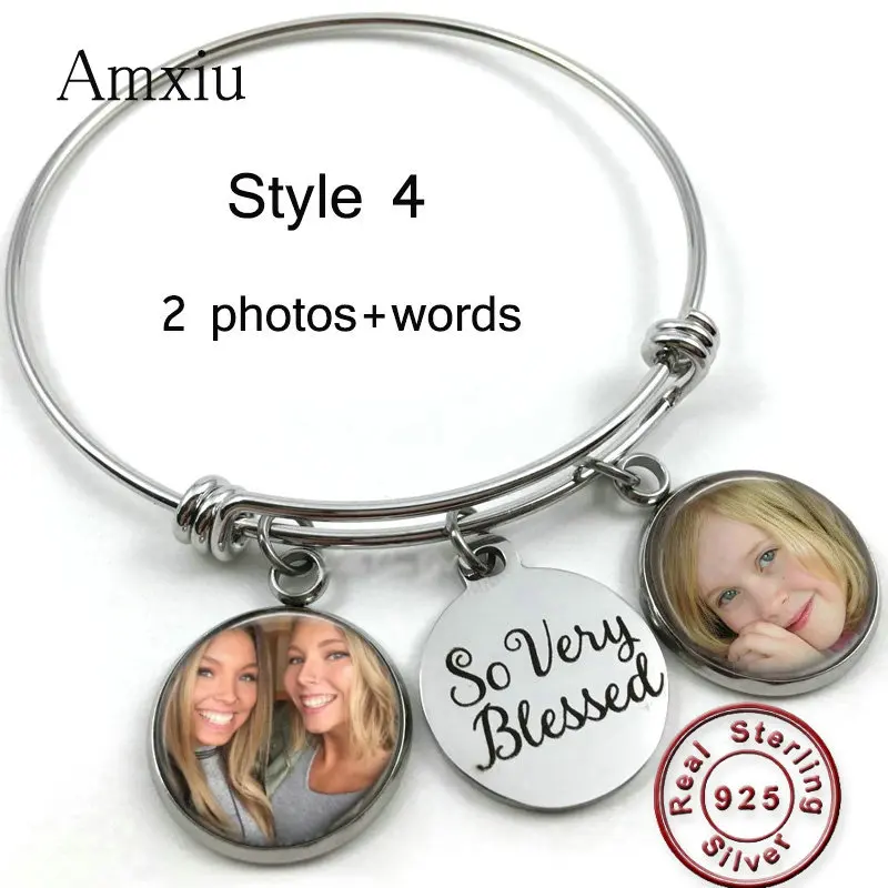 Amxiu Personalized 925 Sterling Silver Bangles Custom Baby Photo Bangles Anklets Engrave Picture Bracelet Bangle Women Jewelry