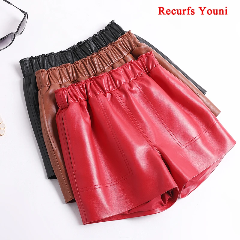 Genuine Leather Shorts For Women Korean Fashion 2023 Elastic Waist Booty Mini Sexy Short Feminino Red/Camel/Black Calzones Mujer