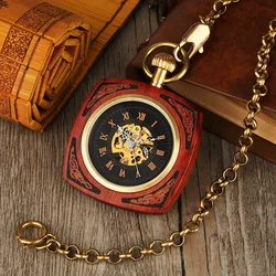 Retro Unique Royal Red Wooden Bamboo Hand Winding Mechanical Pocket Watch Square Dial with 30cm Gold Chain Men Hour Clock Gifts