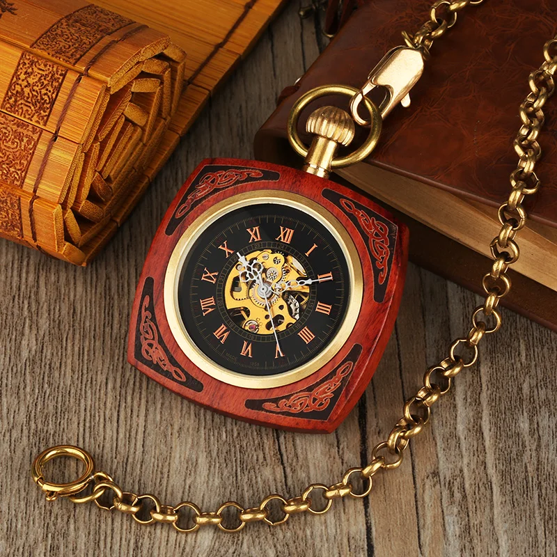 Retro Unique Royal Red Wooden Bamboo Hand Winding Mechanical Pocket Watch Square Dial with 30cm Gold Chain Men Hour Clock Gifts