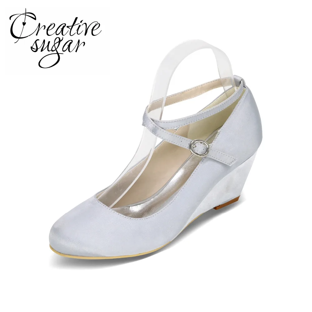 

Creativesugar Elegant lady's wedges crossed strap satin dress shoes concise cocktail wedding party champagne ivory purple white