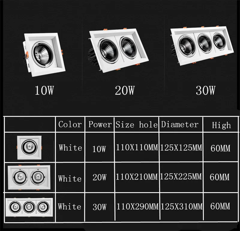 LED Down light Einbau quadratische Panel Lichter 10W 20W Cob dimmbar av220v 110V 85-265V LED Scheinwerfer Decken leuchte Innen beleuchtung