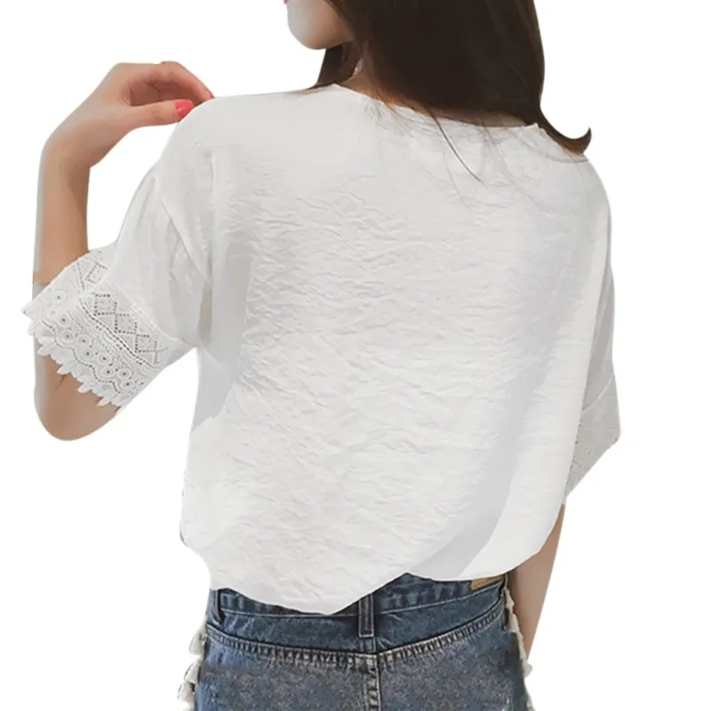 Thời trang cổ V Blusas Mùa Hè Gợi Cảm Nữ Áo Kiểu Nữ Tay ngắn, Phối Ren Áo Sơ Mi Trắng Hồng Cổ OL Áo Áo