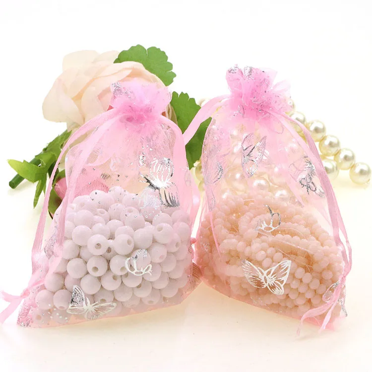 

Free Shipping,100pcs/lot 9x12cm Pink Butterfly Christmas Wedding Drawable Organza Voile Gift Packaging Bags Pouches