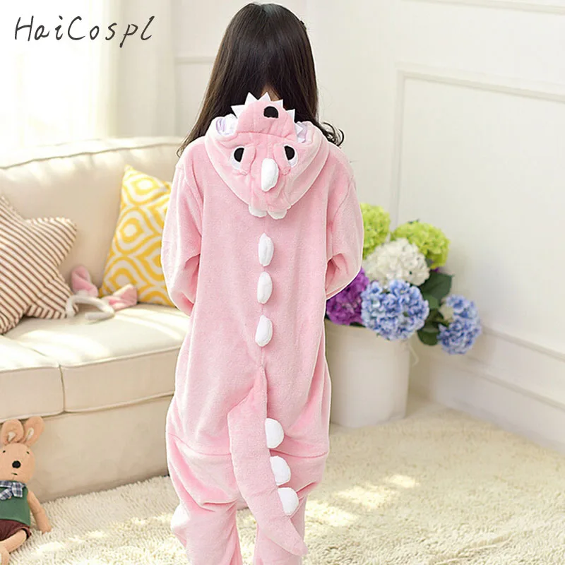 Red Dinosaur Kigurumi Onesie Pajamas Set Animal Cosplay Costume Pink Cute Winter Warm Soft Flannel Jumpsuit Children Party Wear