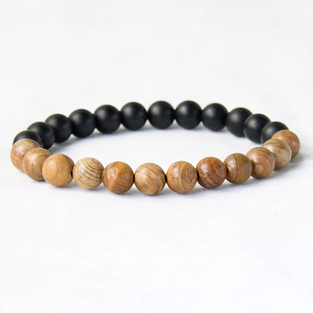New Men Natural Wood Beads Bracelets Black Matte Onyx Meditation Prayer Bead Bracelet Women Wooden Jewelry,Yoga Jewelry image 2