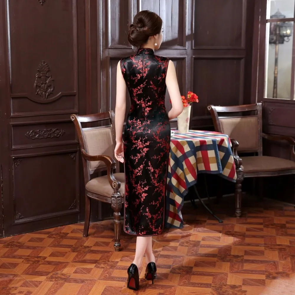 Preto Estilo Chinês Tradicional Vestido Qipao Longo Cheongsam Elegante Fino das Mulheres Roupas Tamanho S M L XL XXL XXXL j3038