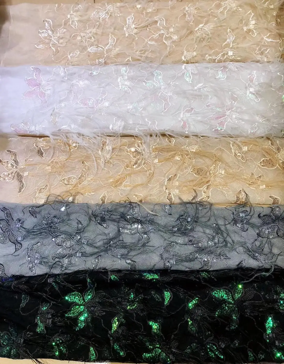 5yards/lot jin02 5 color ostrich feather sequin 3d luxury  tulle mesh lace embroidery fabric for sawing bridal wedding dress