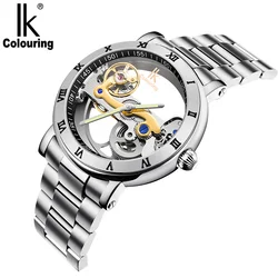 IK Colouring Men Watch Bridge Skeleton Automatic Self Winding Mechanical Stainless Steel 5ATM Luminous Male Clock Butterly Clasp